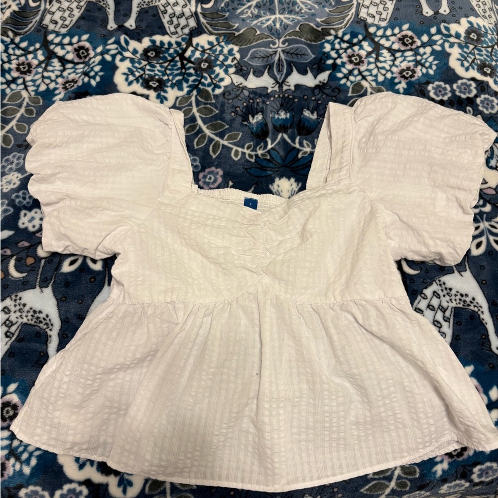 Old Navy Cream Smocked Blouse with Ruffled Puff Sleeves